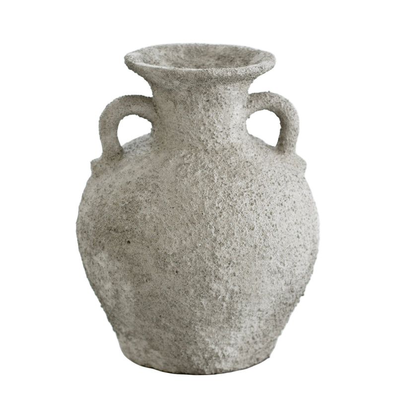 Thira Vase in light grey stone, twin handles, front view on white backdrop.