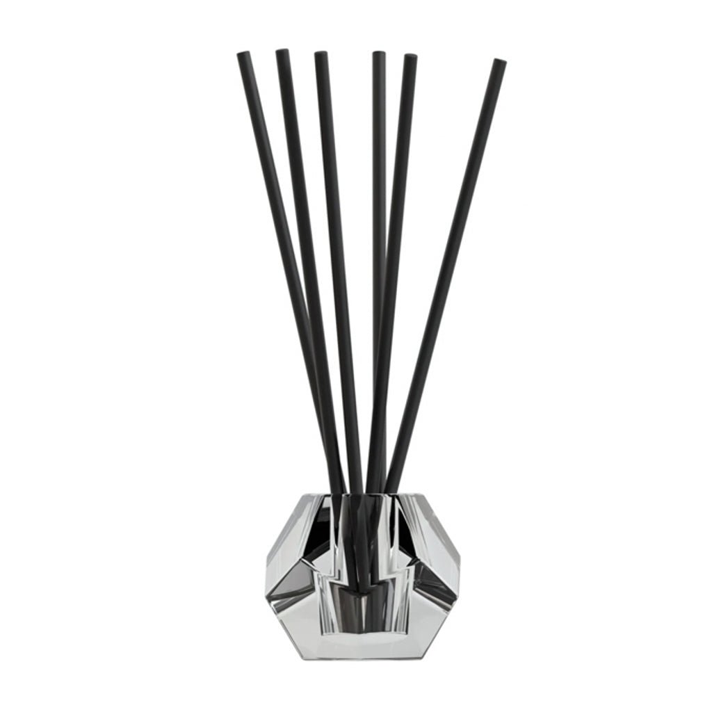 Black aroma sticks standing in a faceted clear glass holder on a plain background