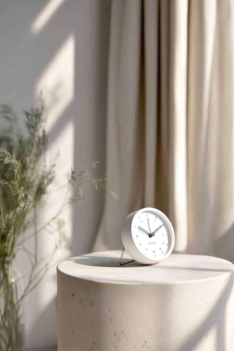 Minimalist Karlsson Tinge Alarm Clock in white with a foldable stand, styled on a round stone pedestal in soft natural light with neutral curtains and greenery in the background.