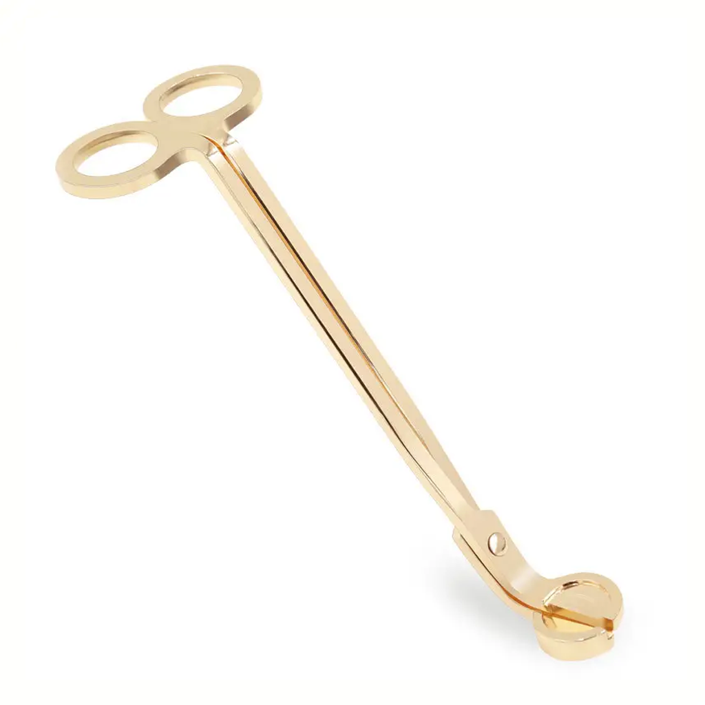 Gold candle wick trimmer with looped handles, shown alone on a plain white background