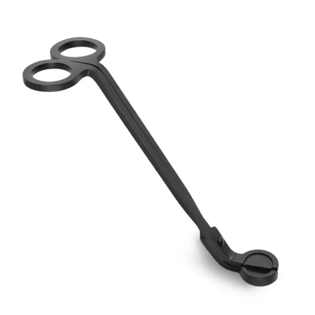 Black candle wick trimmer with looped handles, shown alone on a plain white background