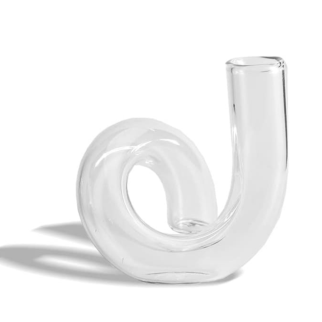 Clear J-Curve glass vase showing its looped tube form, photographed alone on a white background