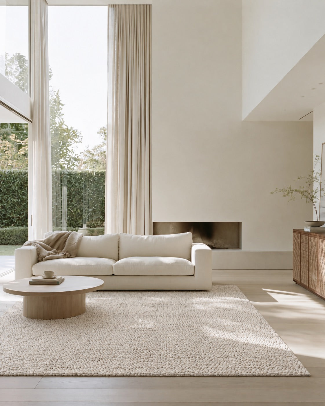 Tundra Pebble Beige Rug under a cream sofa and round timber coffee table in a double height lounge