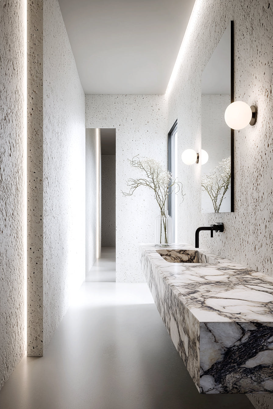Curling willow stems in a fluted glass vase on a marble vanity in a narrow bathroom with speckled walls