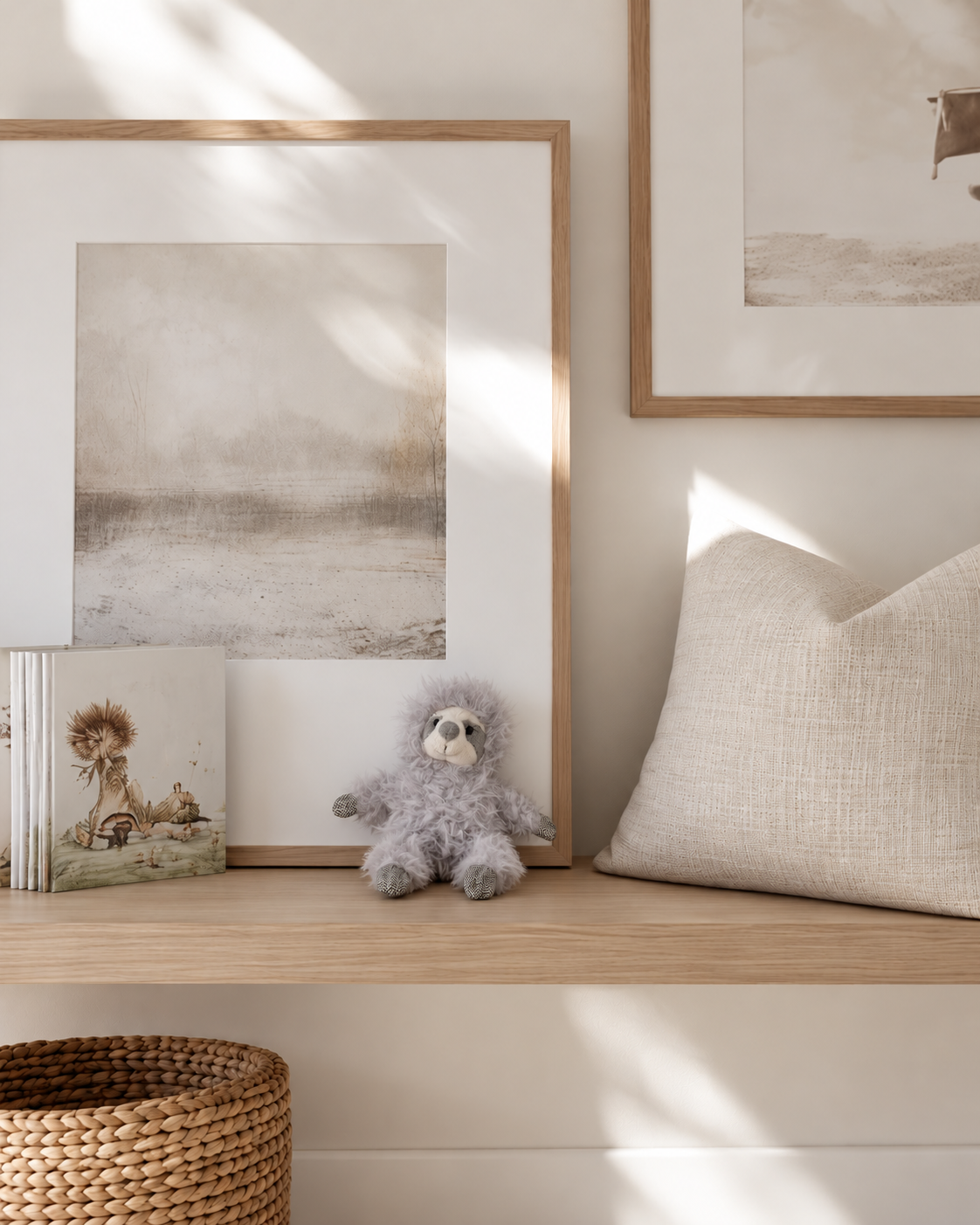 Ezra the sleepy sloth rattle on an oak picture ledge beside a picture book and linen cushion
