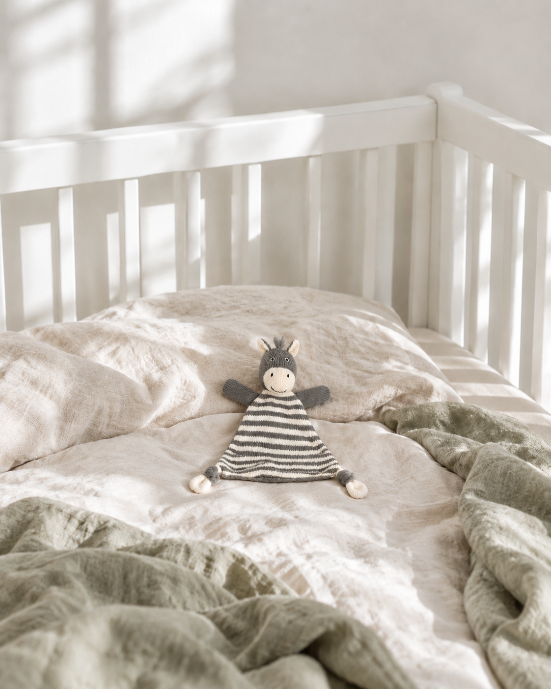 Bowie the zebra knitted comforter lying on linen bedding in a white cot beside a sage throw