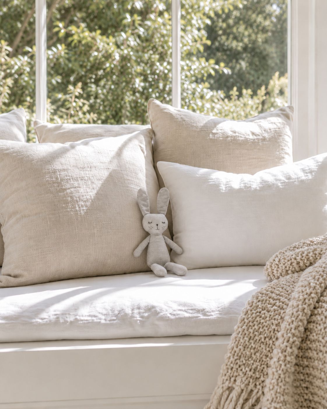Grey the Bunny soft toy sitting among linen cushions on a sunlit window seat
