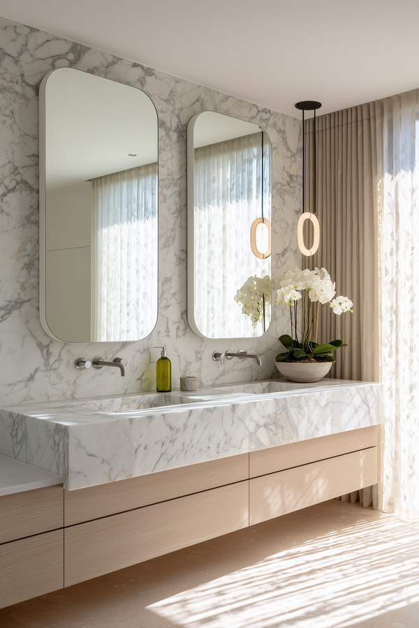 Marble bathroom vanity with two rounded mirrors and a potted white phalaenopsis orchid in a white bowl beside a pendant light and sheer curtains.