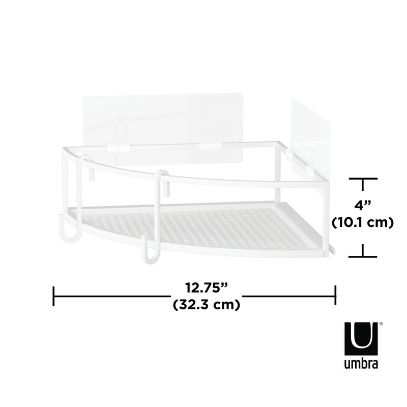 This Umbra bathroom shelf is made of rust-free metal and comes with measurements, perfect for Cubiko Corner Bins, Set Of 2 shower storage caddies.