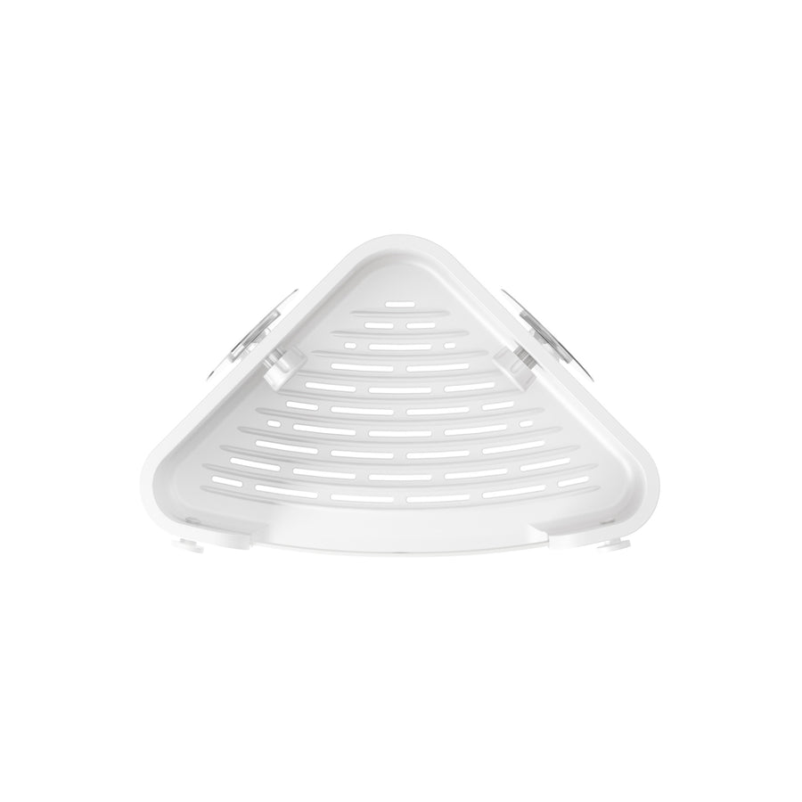 Underside of the Umbra Flex corner bin in white, showing the slotted drainage tray