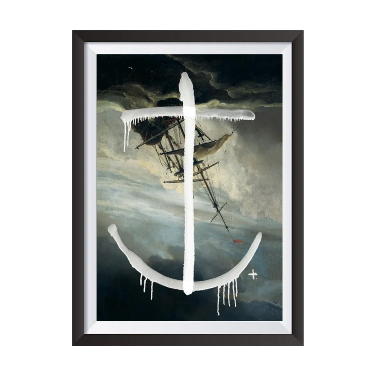 Upside Down Ship print by Federation in a black frame on white, white anchor over a stormy ship painting