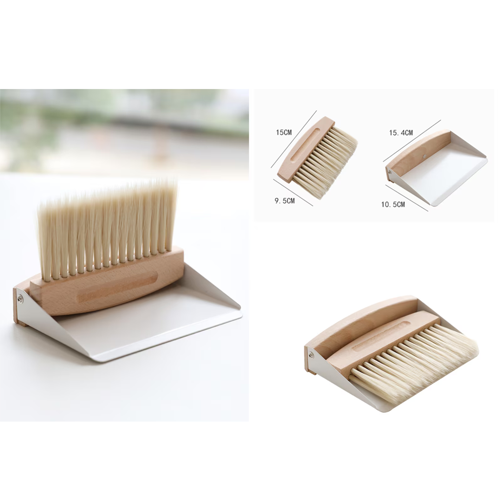 Composite showing the dustpan and brush from several angles with size labels