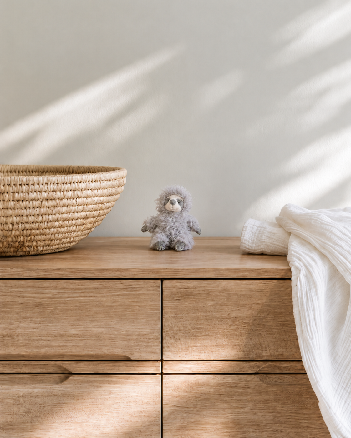 Small Ezra the sleepy sloth rattle sitting on an oak chest of drawers beside a woven basket