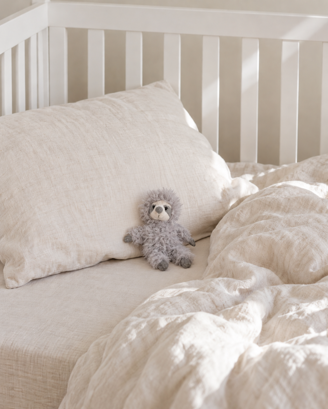 Small Ezra the sleepy sloth rattle sitting against a linen pillow in a white cot