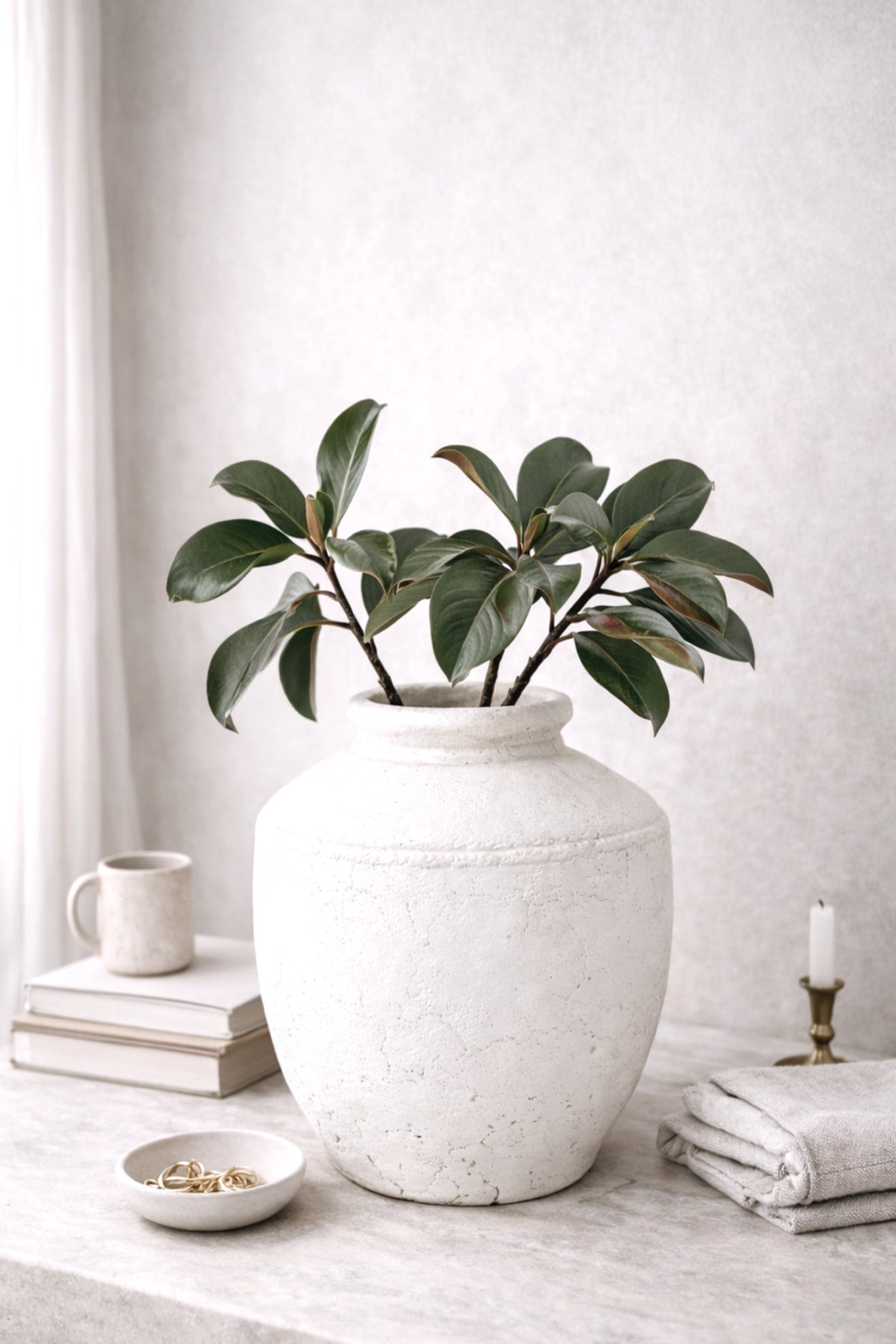 Rafaela vase holding a magnolia leaf spray on a marble ledge with folded linens and a slim candle