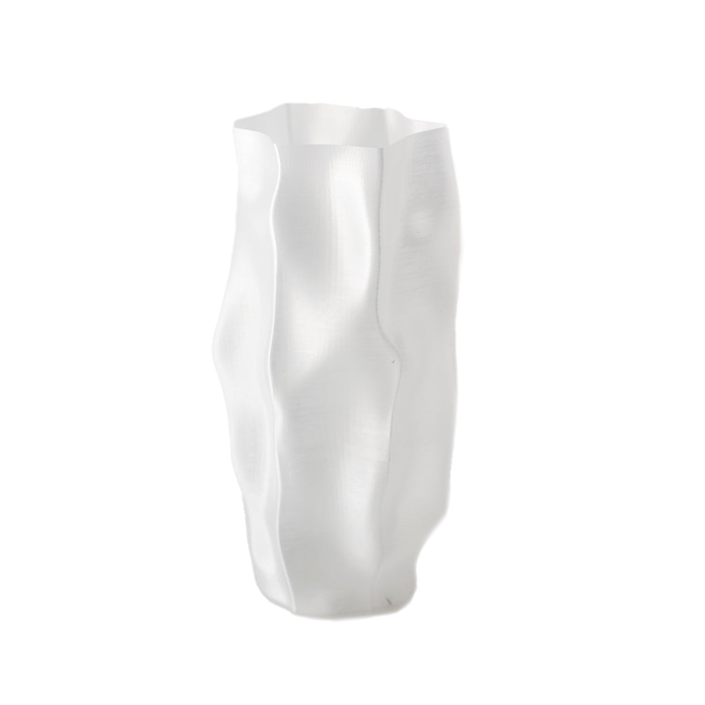 Skyler ripple vase in transparent white, a tall column of soft vertical folds with a wavy rim