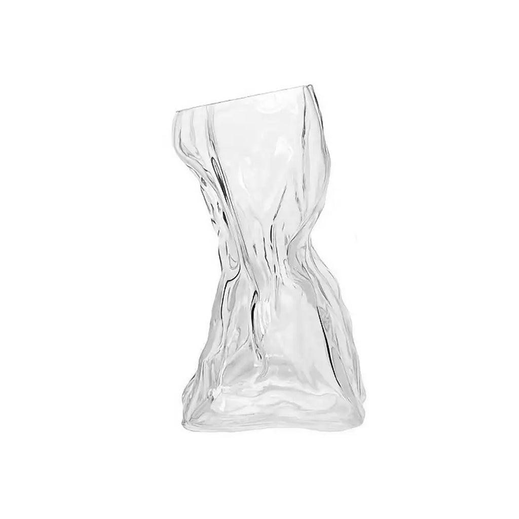 Clear glass crinkle vase with its crumpled paper bag shape, shown alone on a white background