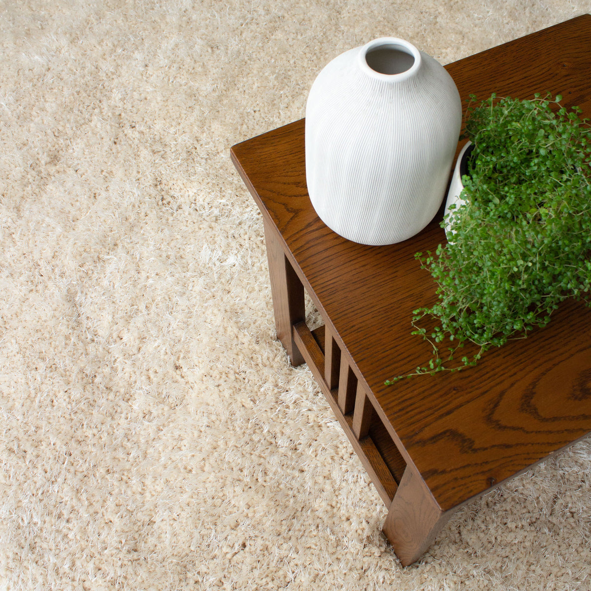 Beige shag rug under a dark timber side table holding a white vase and trailing greenery