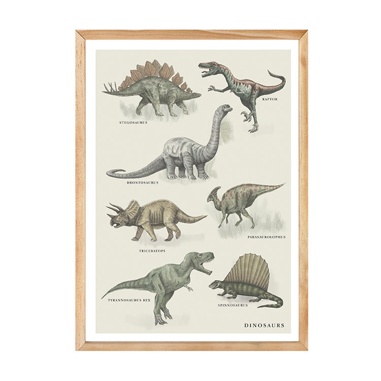 Vintage Dino Print by Papier HQ in a natural timber frame