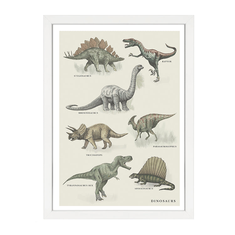 Vintage Dino Print by Papier HQ in a white frame, museum-style chart of illustrated dinosaurs on a sage ground