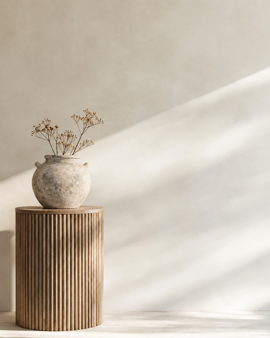 Volterra Terracotta Pot in sandwash, small, with dried stems on a fluted timber side table