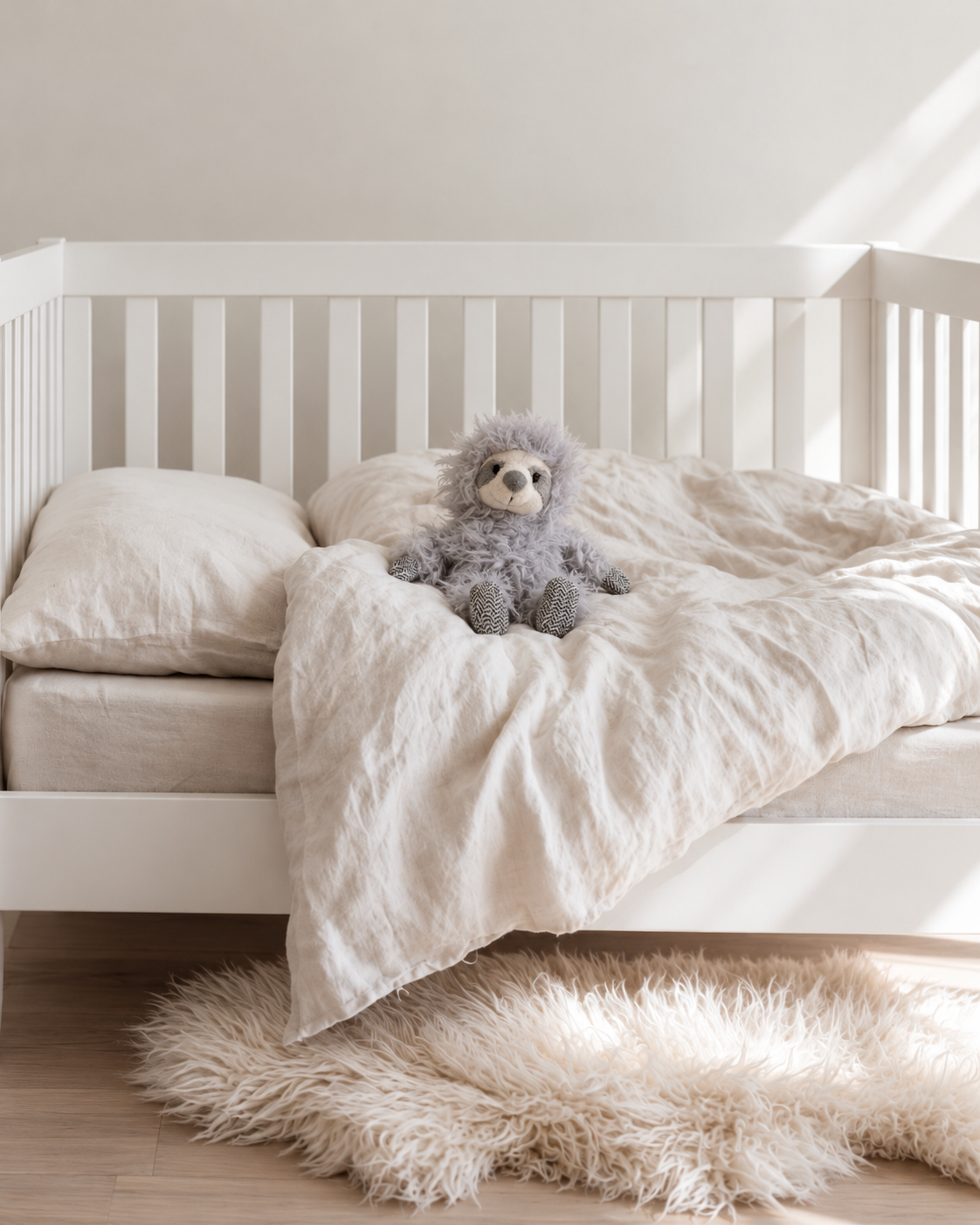 Ezra the sleepy sloth rattle sitting on linen bedding in a white cot above a sheepskin rug