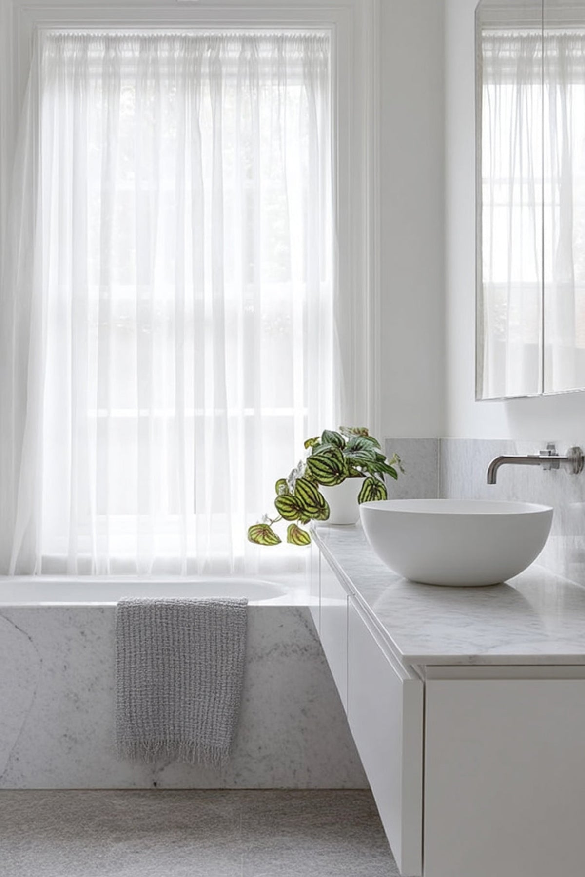 Faux watermelon peperomia on a marble bathroom vanity beside a white basin, sheer curtains behind
