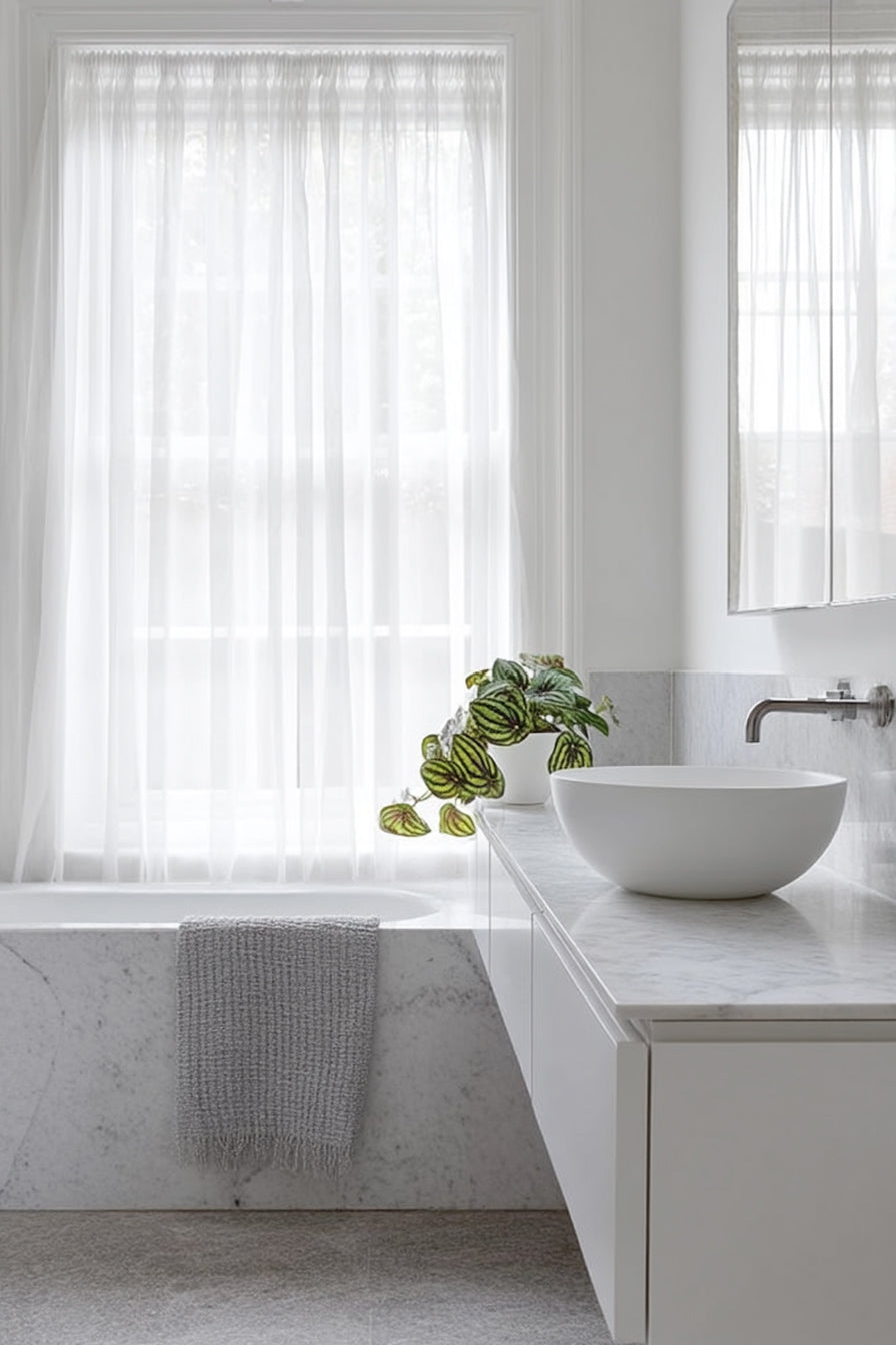 Faux watermelon peperomia on a marble bathroom vanity beside a white basin, sheer curtains behind