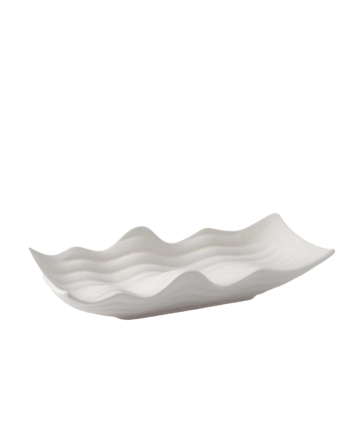 Angled view of the ivory Waverly Bowl showing ribbed waves rising along both long sides