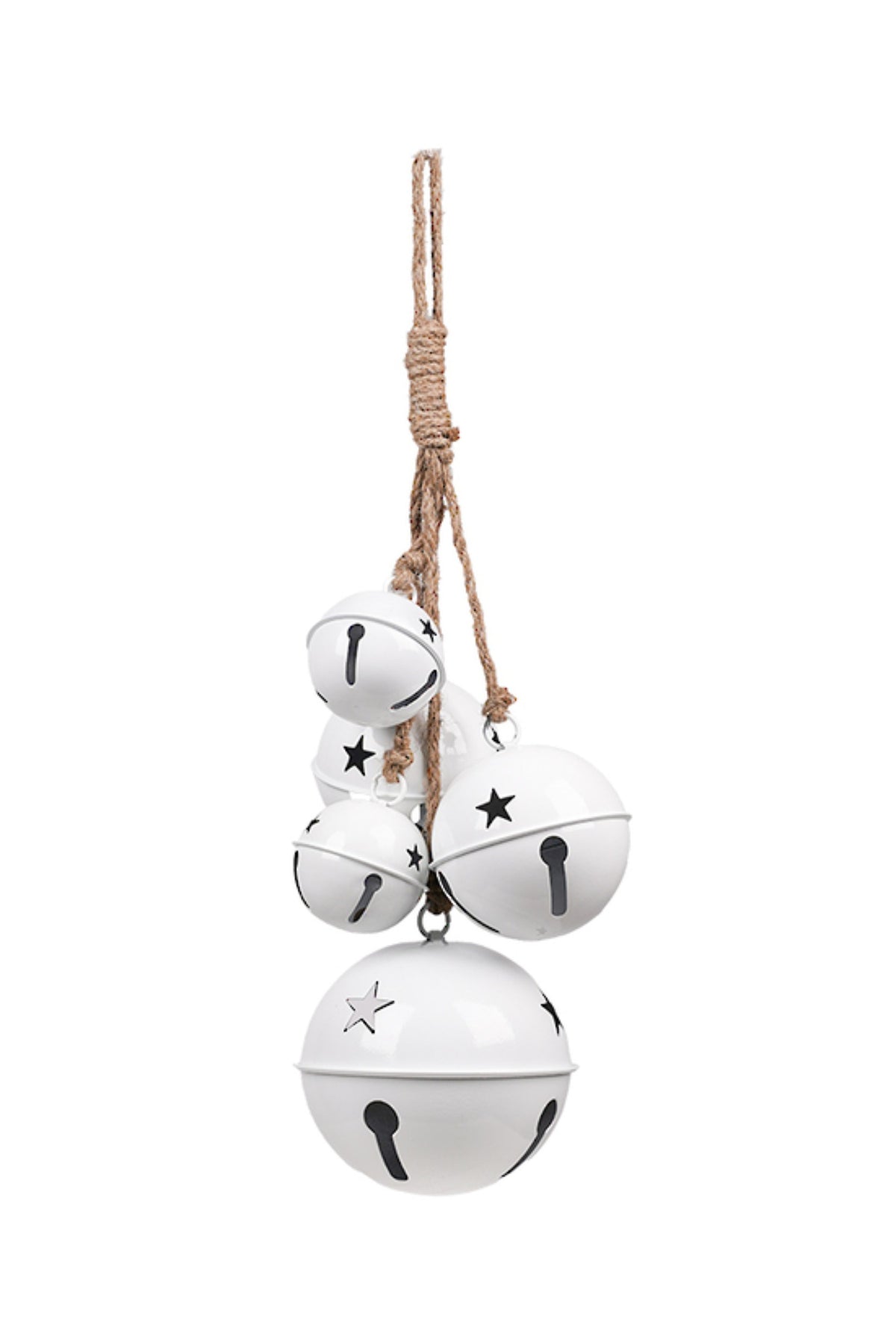 Cluster of white enamel sleigh bells with star cut-outs hanging from a jute rope