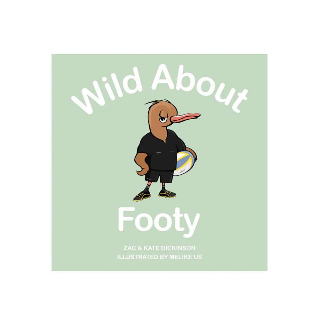 Wild About Footy board book cover, a kiwi in a footy jersey on sage green
