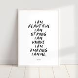 Wilde Road 'I am beautiful' typography print, A4/A5 unframed wall art on textured matte stock