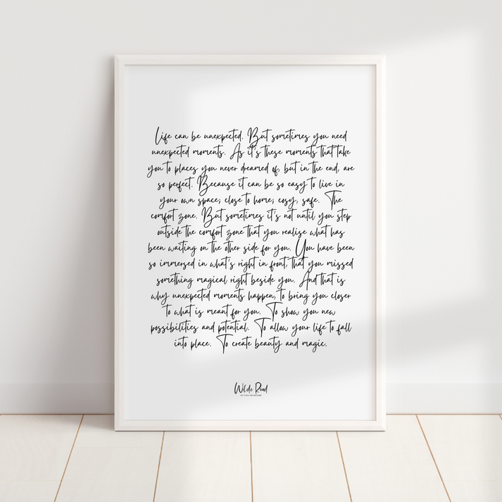 Wilde Road 'Unexpected' typography print, A4/A5 unframed wall art on textured matte stock
