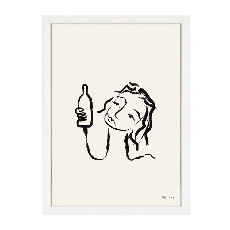 Wine All Day Print by Papier HQ in a white frame, minimal black ink portrait cradling a wine bottle against her cheek
