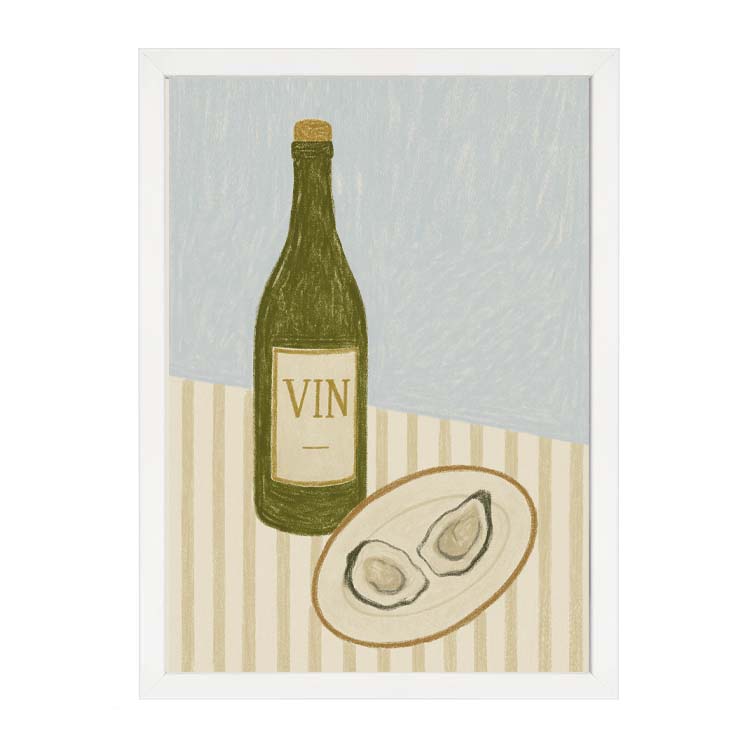 Wine and Dine Print by Papier HQ in a white frame, green VIN wine bottle and oysters on a striped cloth against pale blue