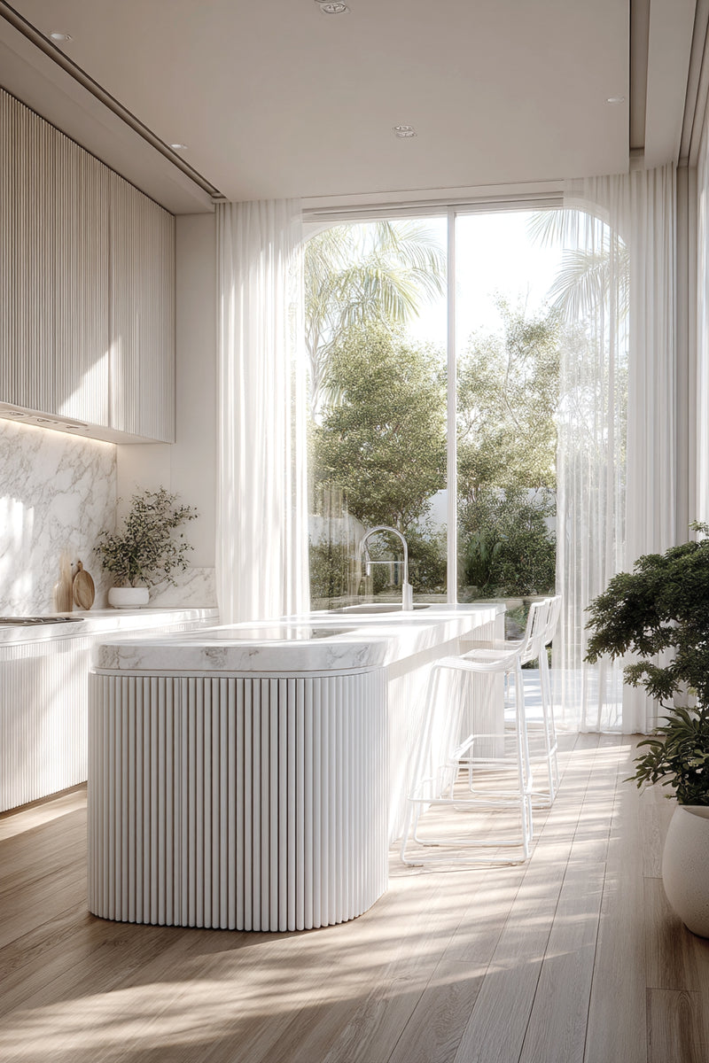 White steel wire stool styled at kitchen island with natural light