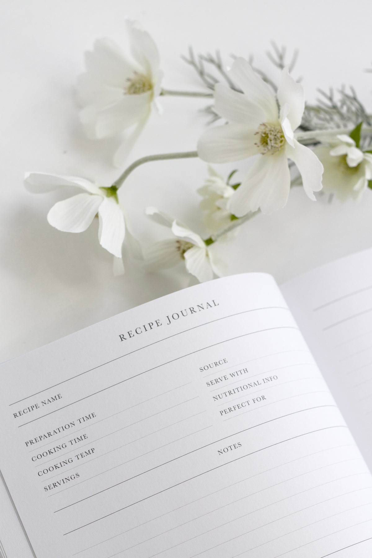 Open Write To Me recipe journal at a recipe template page, with white cosmos flowers on a white surface
