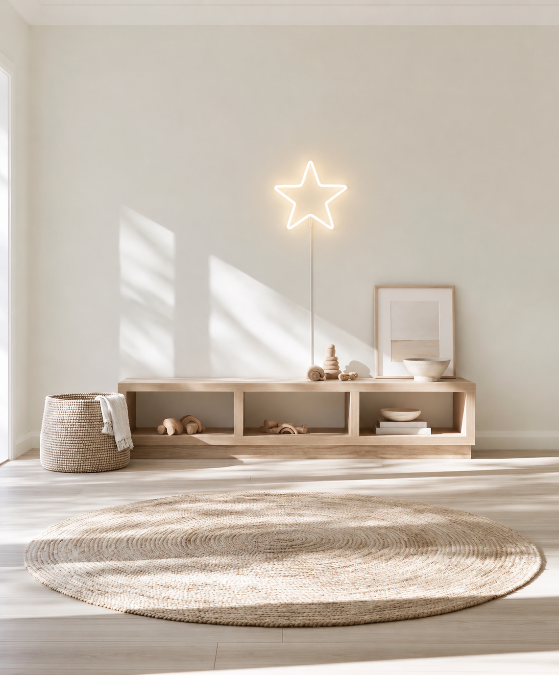 Star Neon LED wall light glowing warm white with its cable running down to a low timber shelf in a kids play corner