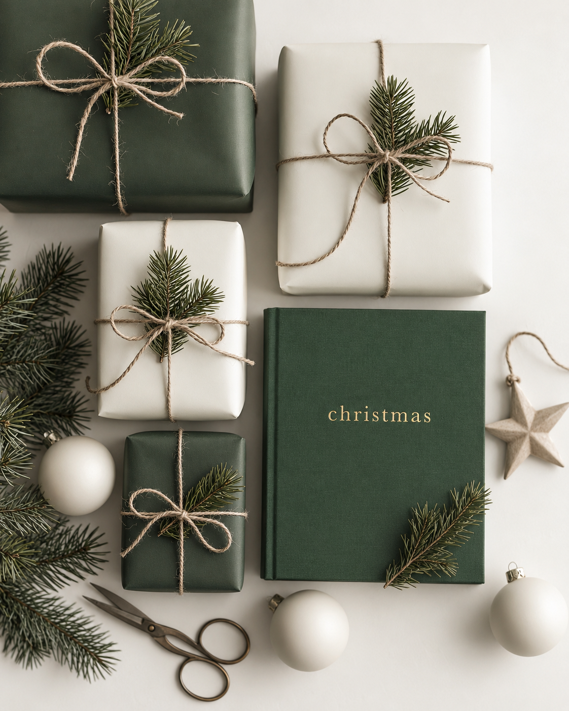 Write To Me Christmas Family Book in forest green linen styled with wrapped gifts, pine and baubles