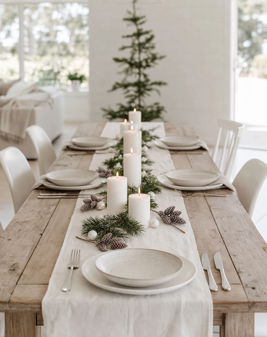 Frosted Pinecones stems laid along a linen table runner between white pillar candles on a Christmas dining table