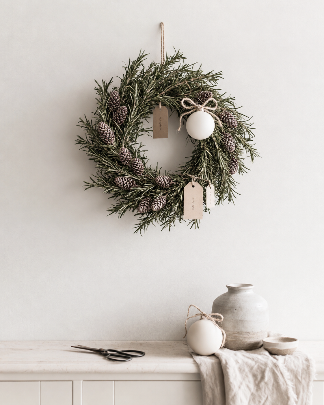 Frosted pinecones woven into a rosemary-style greenery wreath with a white bauble and gift tags on a plain wall