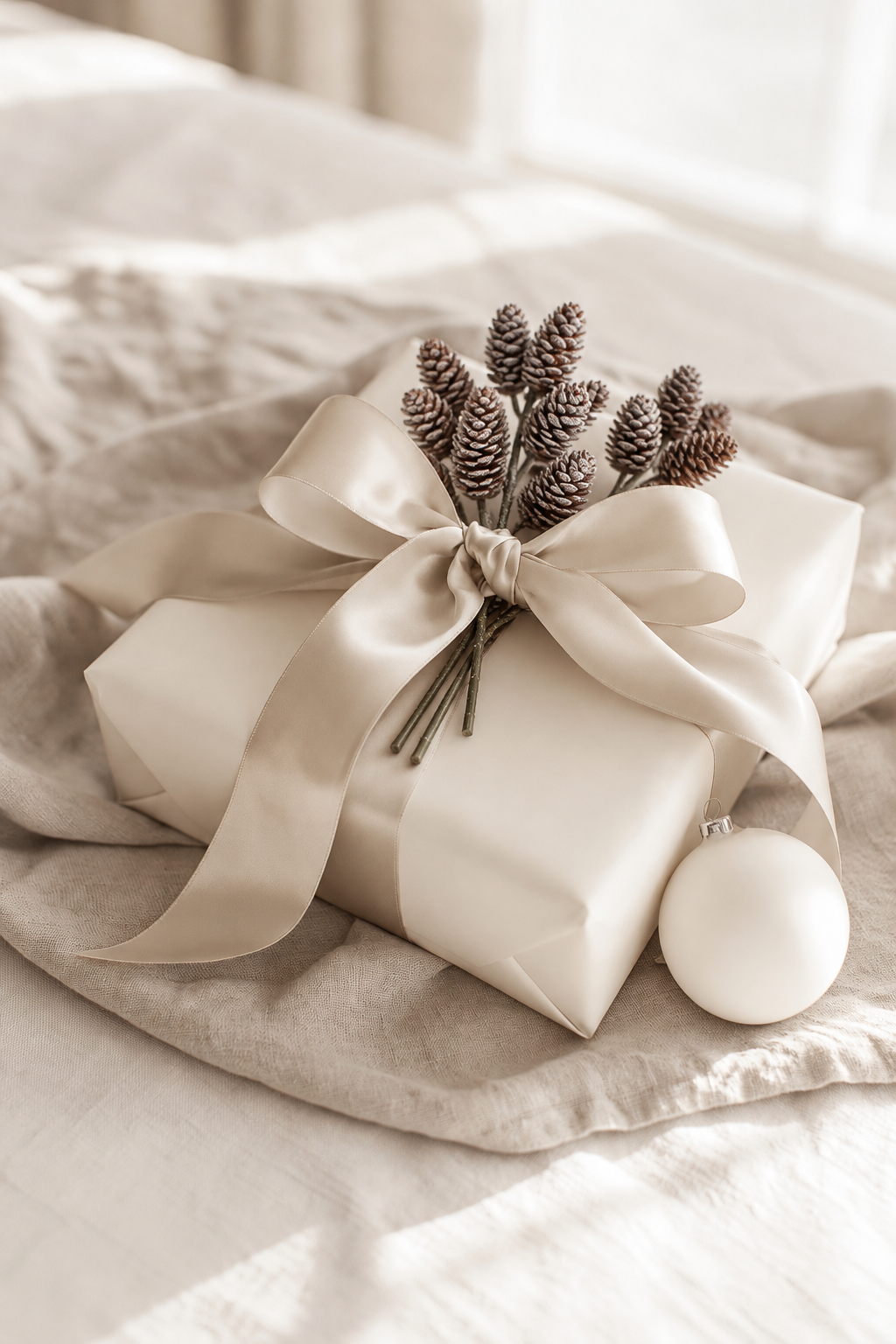 Frosted Pinecones stems tucked under the satin bow of a cream wrapped gift beside a white bauble