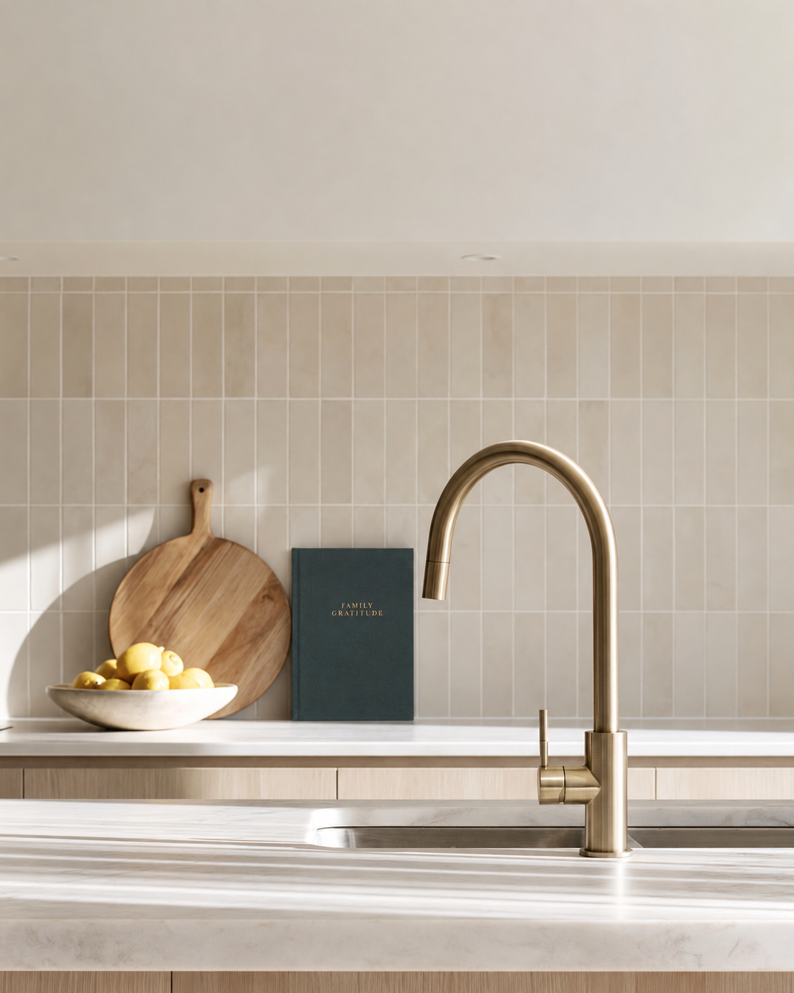 Write To Me Family Gratitude journal standing against a cream stacked tile splashback beside a brass tap and a bowl of lemons
