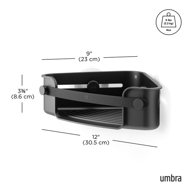 Umbra Flex corner bin dimension diagram, 30.5cm wide, 23cm deep, holds up to 2.3kg