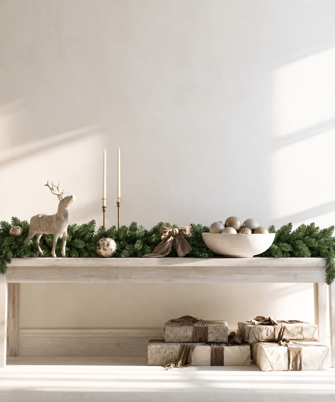 Royale Christmas Garland along a timber console with a deer figurine, taper candles and a bowl of baubles