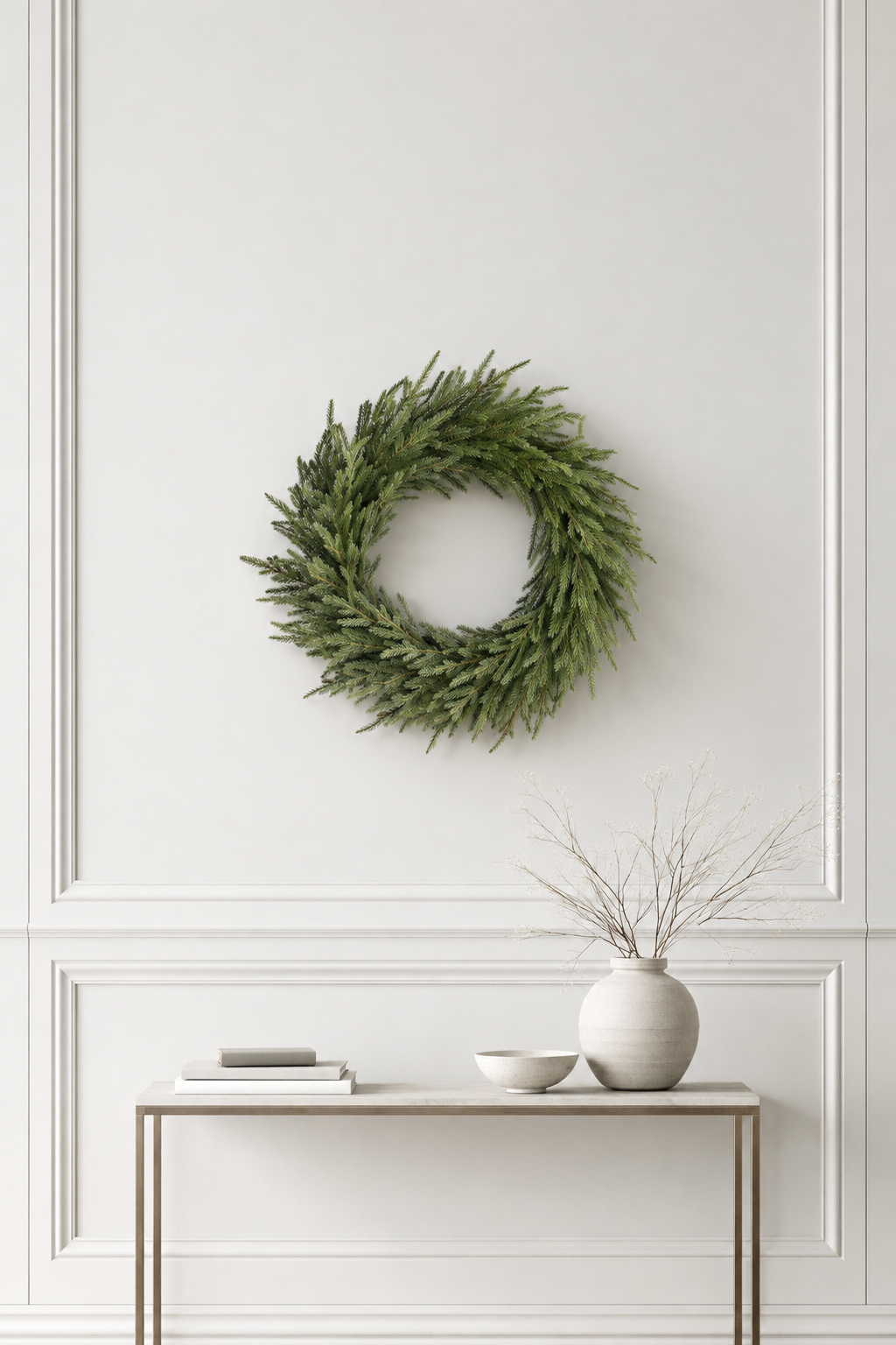 Nordmann Fir Wreath hanging on a white panelled wall above a slim console with a vase of branches