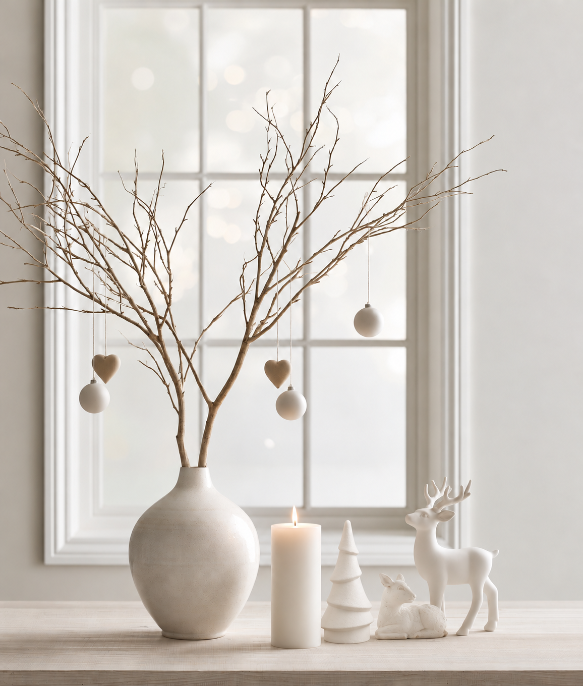White Minimalist Terracotta Tree on a windowsill beside a pillar candle, white deer and a vase of bare branches