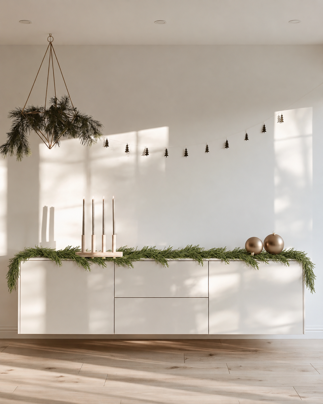 Norfolk pine garland draped along a floating white sideboard with candles and bronze baubles