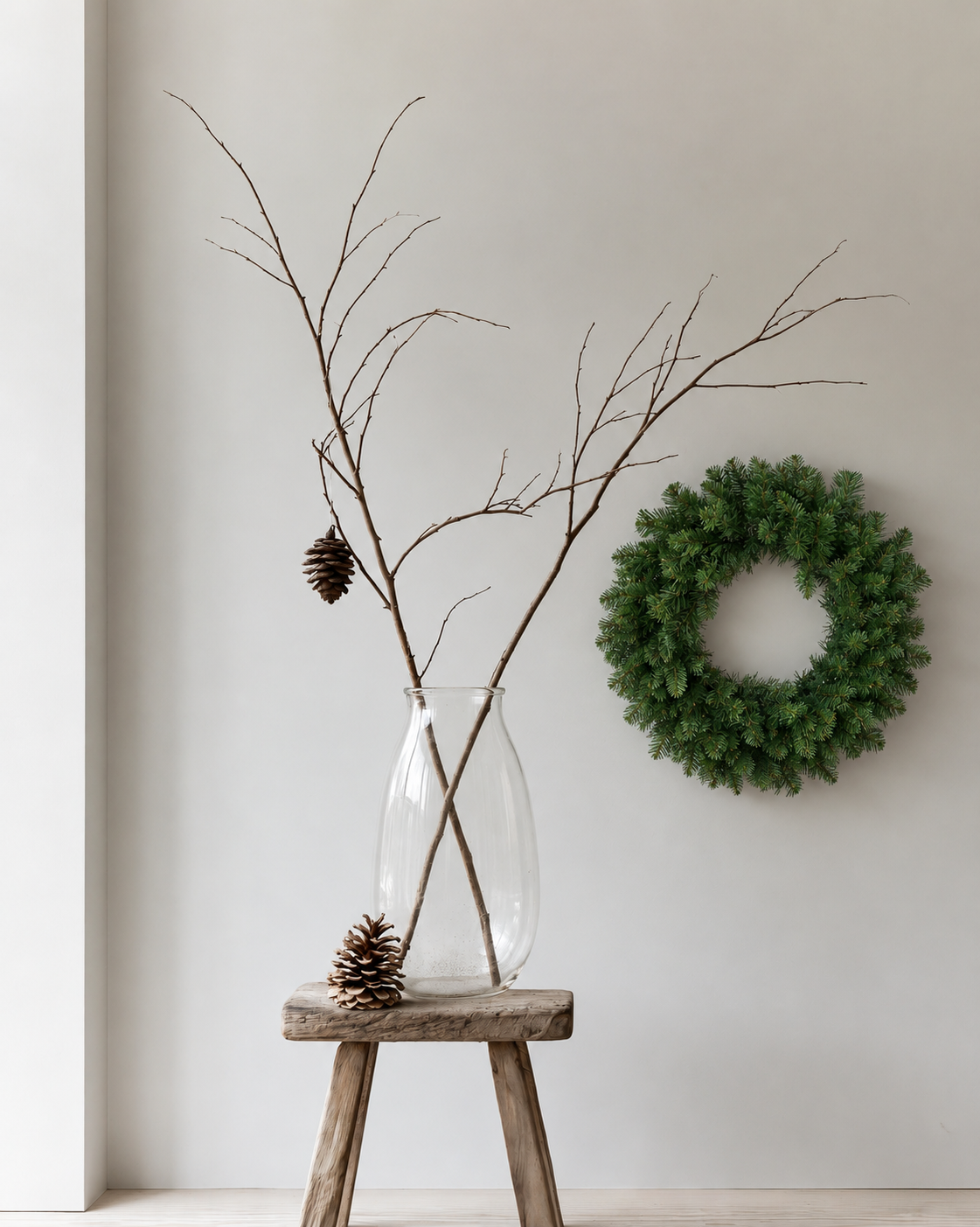 Royale Christmas wreath hanging on a plain wall beside a glass vase of branches on a rustic stool