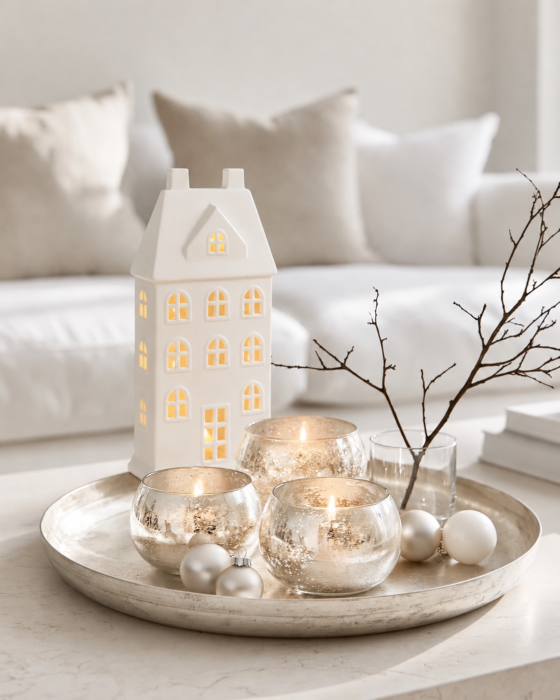 White Manor House LED glowing on a silver tray with mercury glass tealights and white baubles
